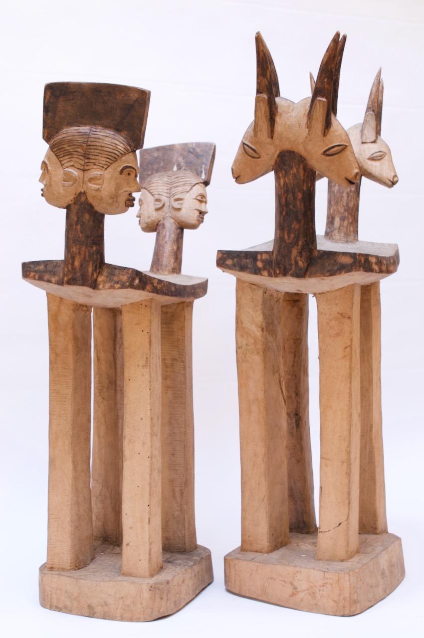 Burkinabe Set of 1940s Hard Wood African Lobi Stools with Carved and Pyrogravure Details For Sale