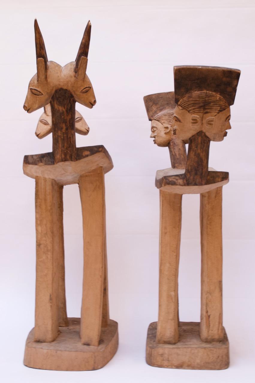 Hand-Carved Set of 1940s Hard Wood African Lobi Stools with Carved and Pyrogravure Details