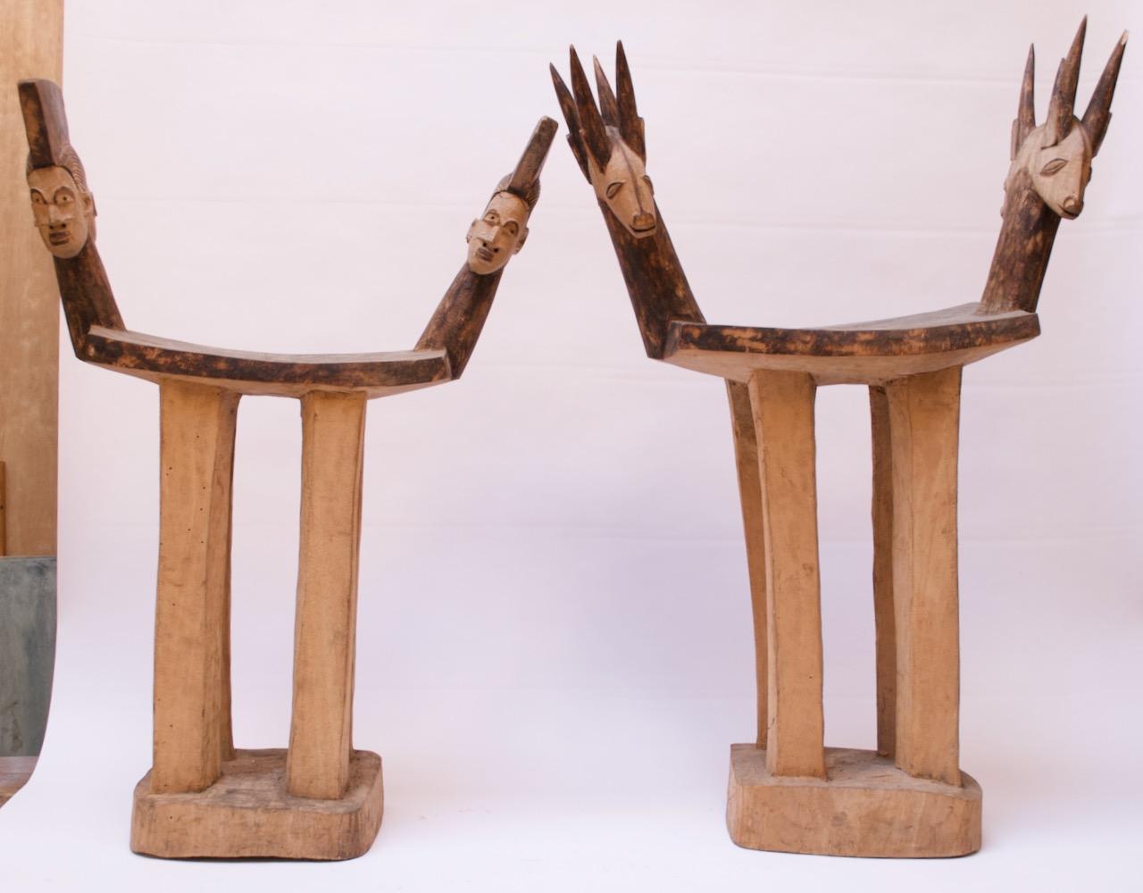 Set of 1940s Hard Wood African Lobi Stools with Carved and Pyrogravure Details In Good Condition For Sale In Brooklyn, NY
