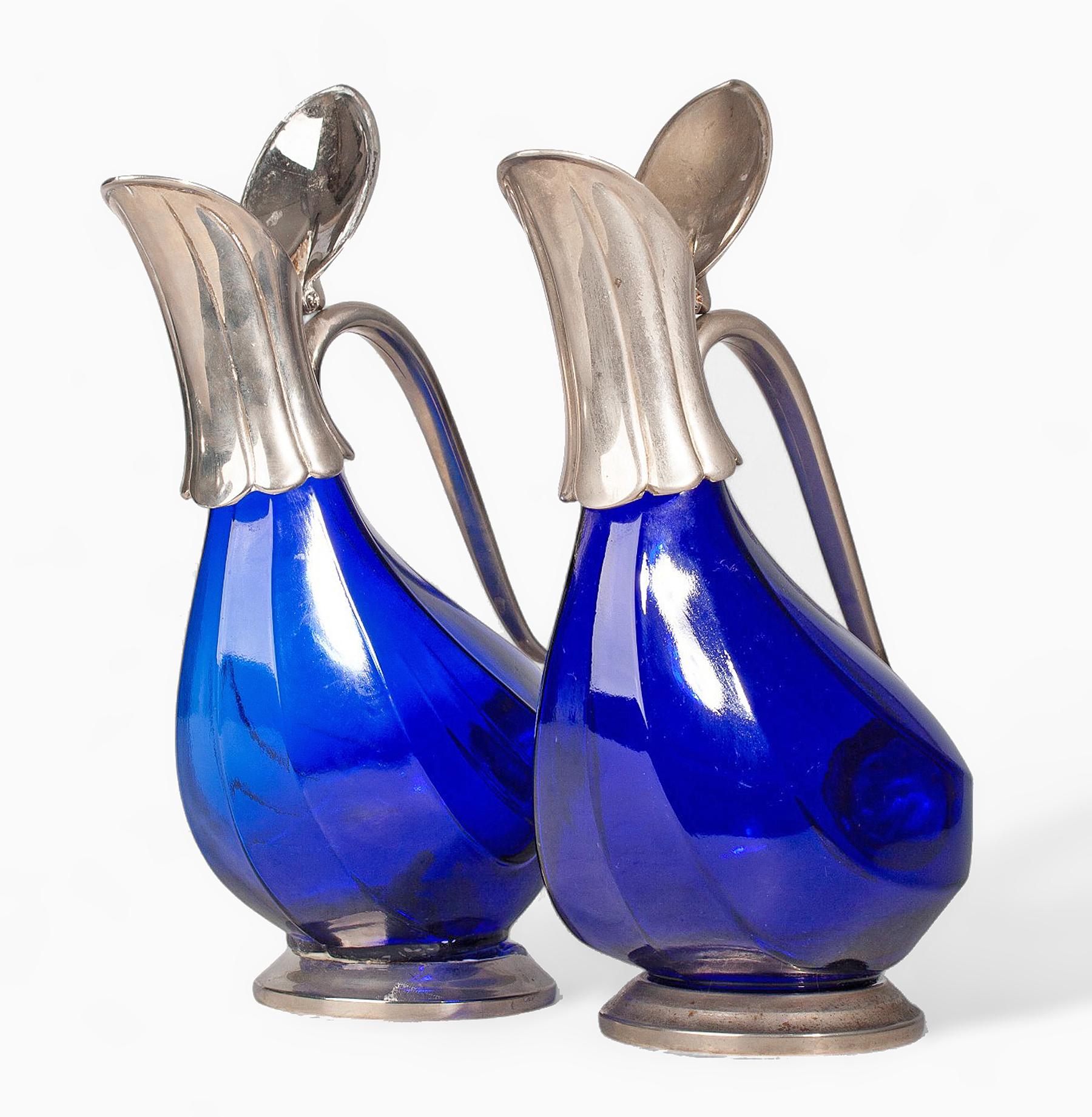 Mid-20th Century Set of 1940s Mid-Century Modern Cobalt Blue Glass Duck-Shaped Pitchers, Italy