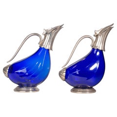 Set of 1940s Mid-Century Modern Cobalt Blue Glass Duck-Shaped Pitchers, Italy
