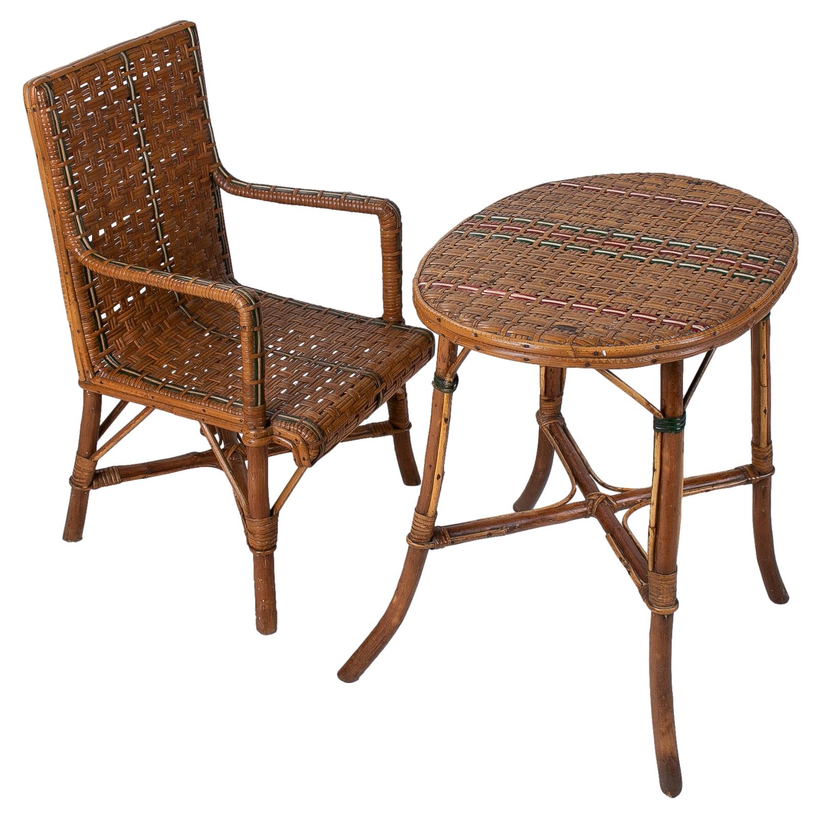 Set of 1950s Spanish Children's Size Lace Wicker & Bamboo Chair w/ Table