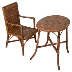 Vintage Set of 1950s Spanish Children's Size Lace Wicker & Bamboo Chair w/ Table