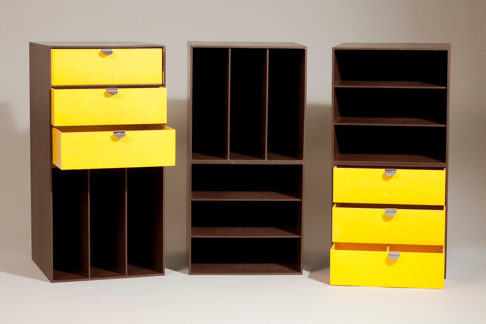 Set of six Finnish Mid-Century Modern brown and yellow 1960s storage box units designed by Ristomatti Ratia for Treston Oy. The storage boxes can be matched in different ways to create numerous combinations. The shelving system is perfectly suited