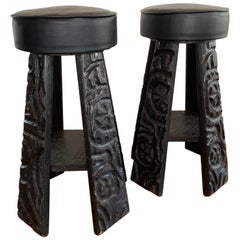 Set of 1960s Witco Carved Tiki Bar Stools with Leather Seats