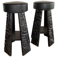 Vintage Set of 1960s Witco Carved Tiki Bar Stools with Leather Seats