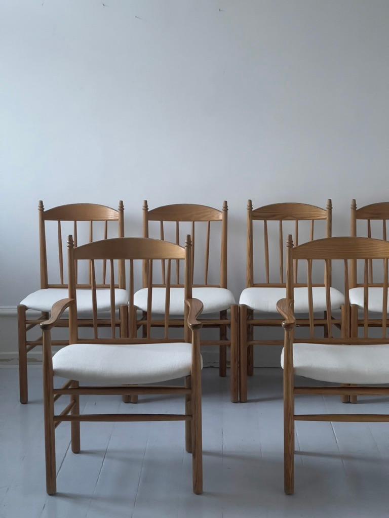 Satz von sechs 1970er dänischen modernen Esszimmerstühlen aus massiver Esche und Leinen von FDB im Angebot 7