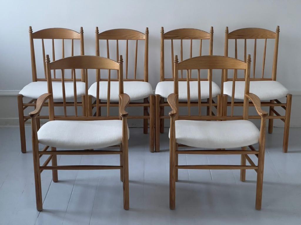 Satz von sechs 1970er dänischen modernen Esszimmerstühlen aus massiver Esche und Leinen von FDB im Angebot 8