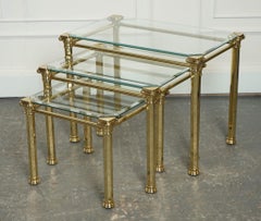SET OF 1970's HOLLYWOOD REGENCY BRASS & GLASS NEST OF TABLES SIDE TABLEJ1