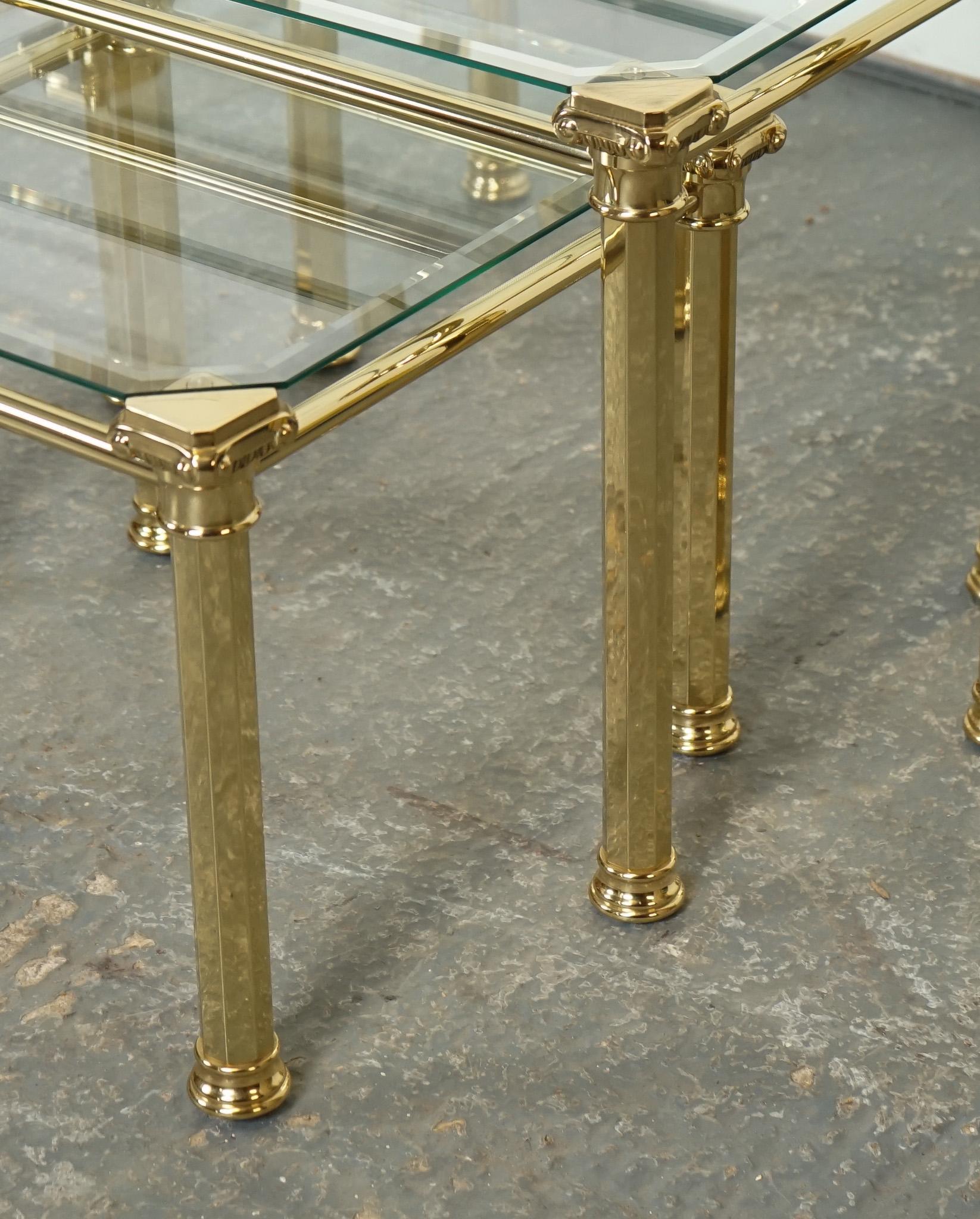 Hand-Crafted SET OF 1970's HOLLYWOOD REGENCY BRASS & GLASS NEST OF TABLES SIDE TABLEJ1 For Sale