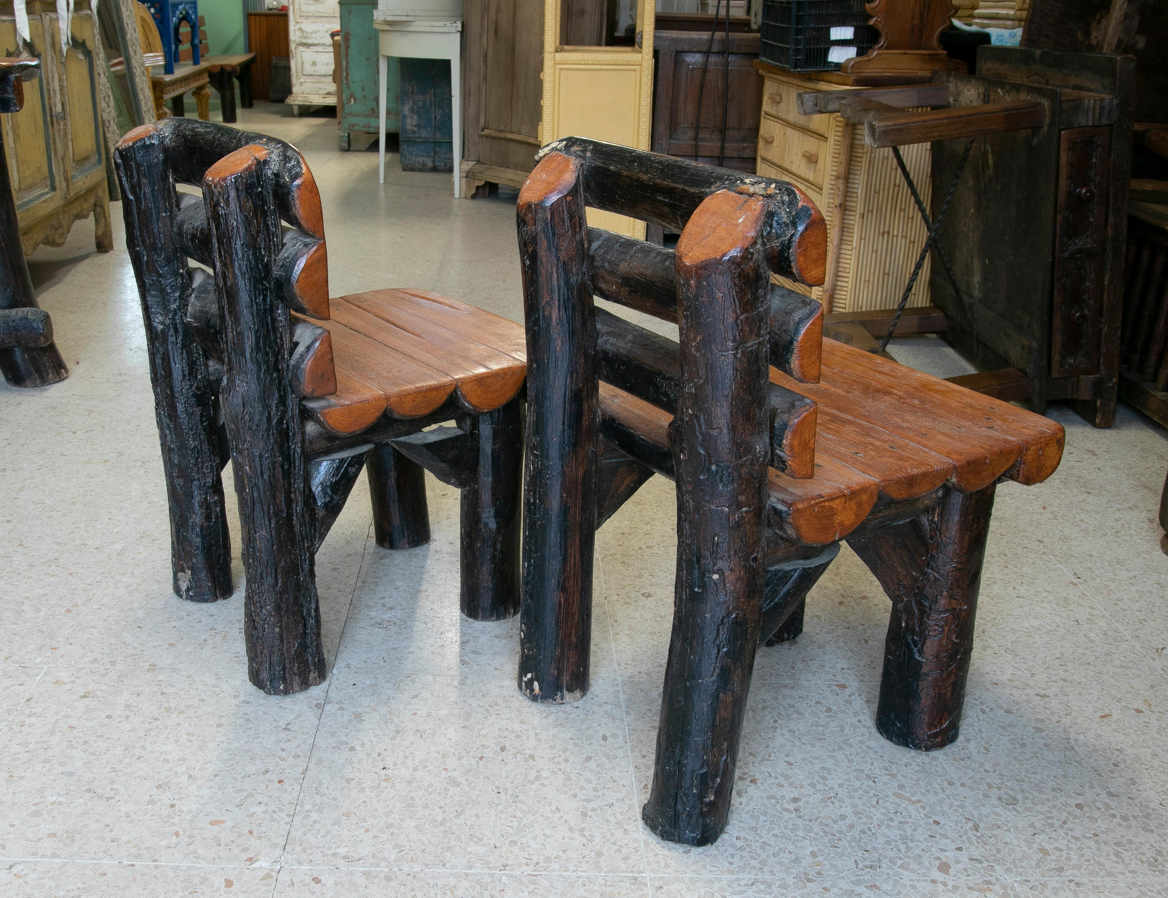 Set of 1970s Spanish Carved 2-Tone Natural Wood w/ 2-Chair 2-Bench & Table 6