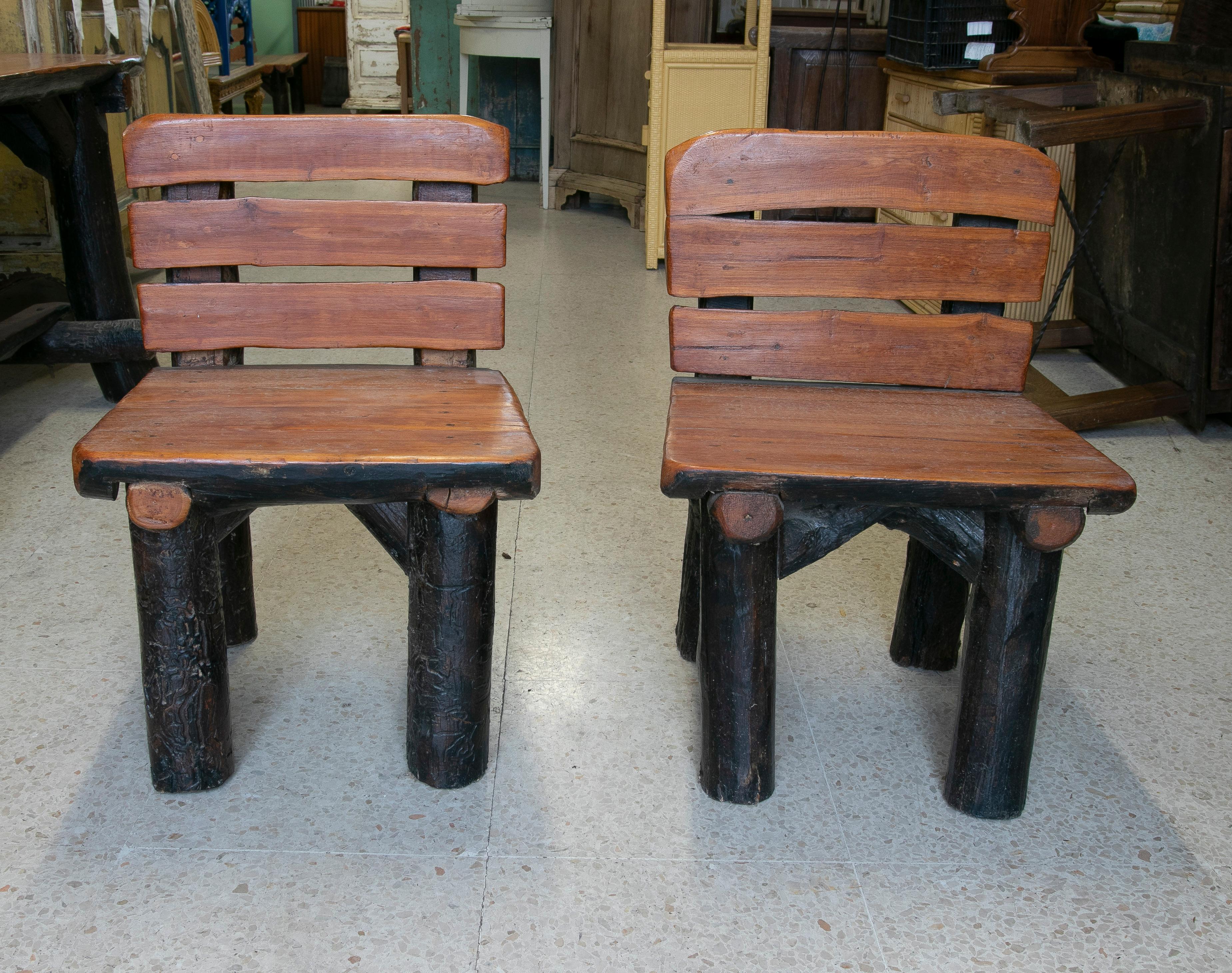 Set of 1970s Spanish Carved 2-Tone Natural Wood w/ 2-Chair 2-Bench & Table 1