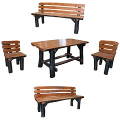 Vintage Set of 1970s Spanish Carved 2-Tone Natural Wood w/ 2-Chair 2-Bench & Table