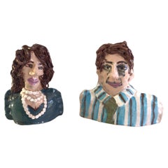 Conjunto de Pareja Quirky de Terracota Esmaltada Pintada a Mano de los años 80