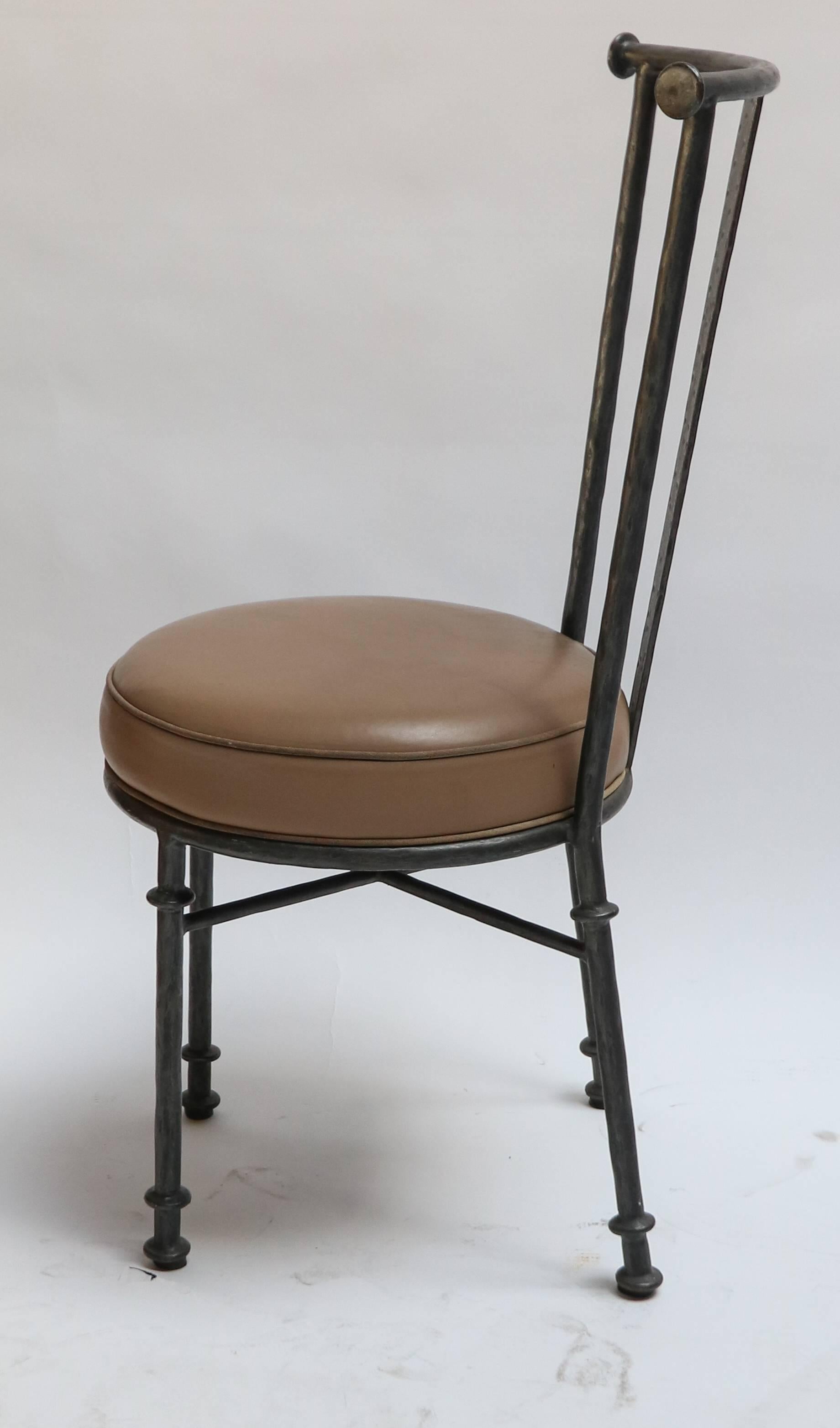 American Set of Eight Iron Side Chairs in Brown Leather, 1980s