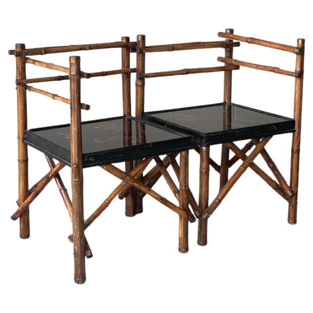 Conjunto de sillas esquineras del s. XIX, estructura de bambú, asiento lacado en negro Art Nouveau en venta