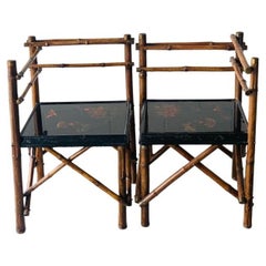 Ensemble de chaises d'angle du 19e siècle, structure en bambou, assise en laque noire