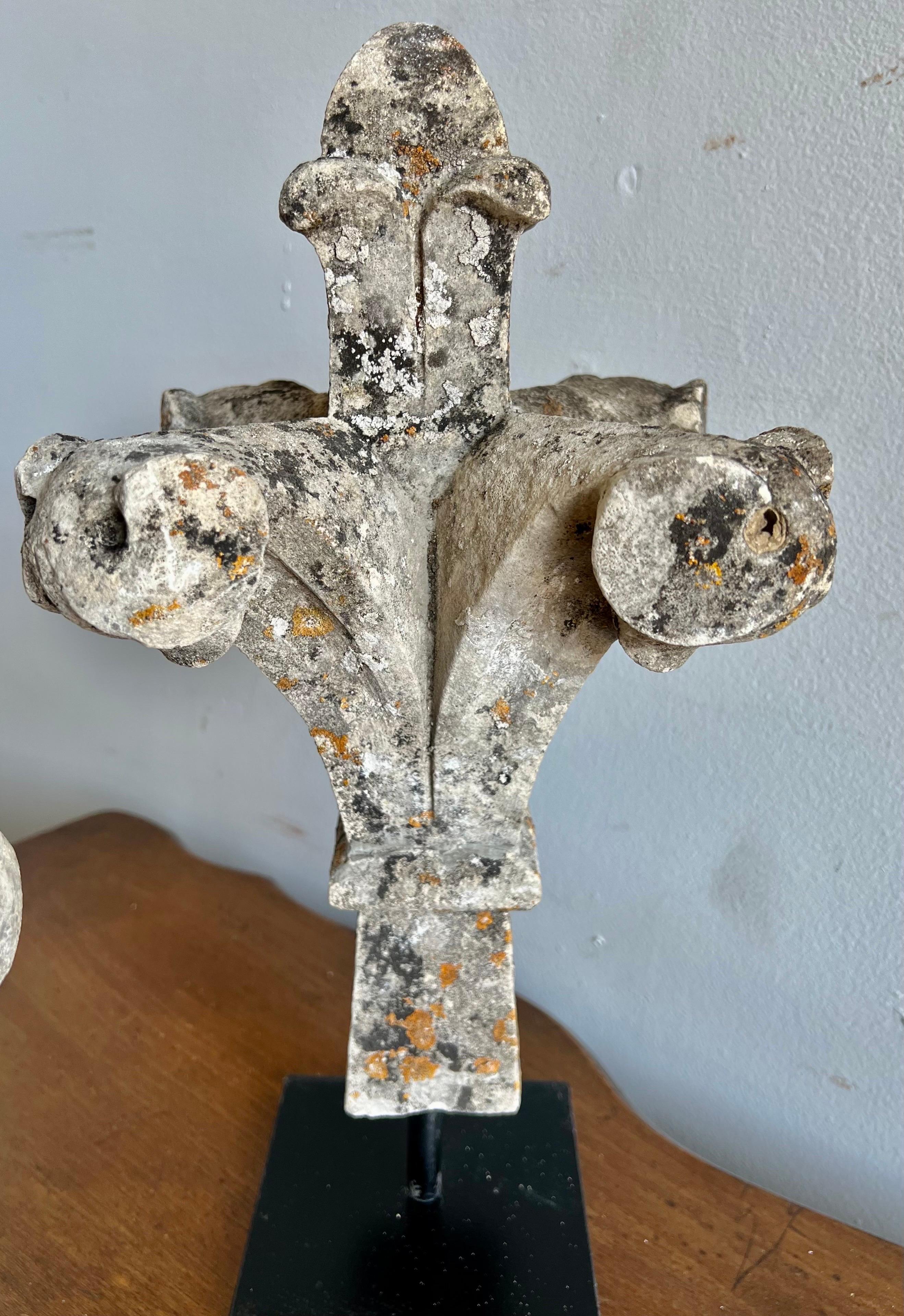 Set of 19th C. French Stone Finials on Iron Bases In Distressed Condition In Los Angeles, CA