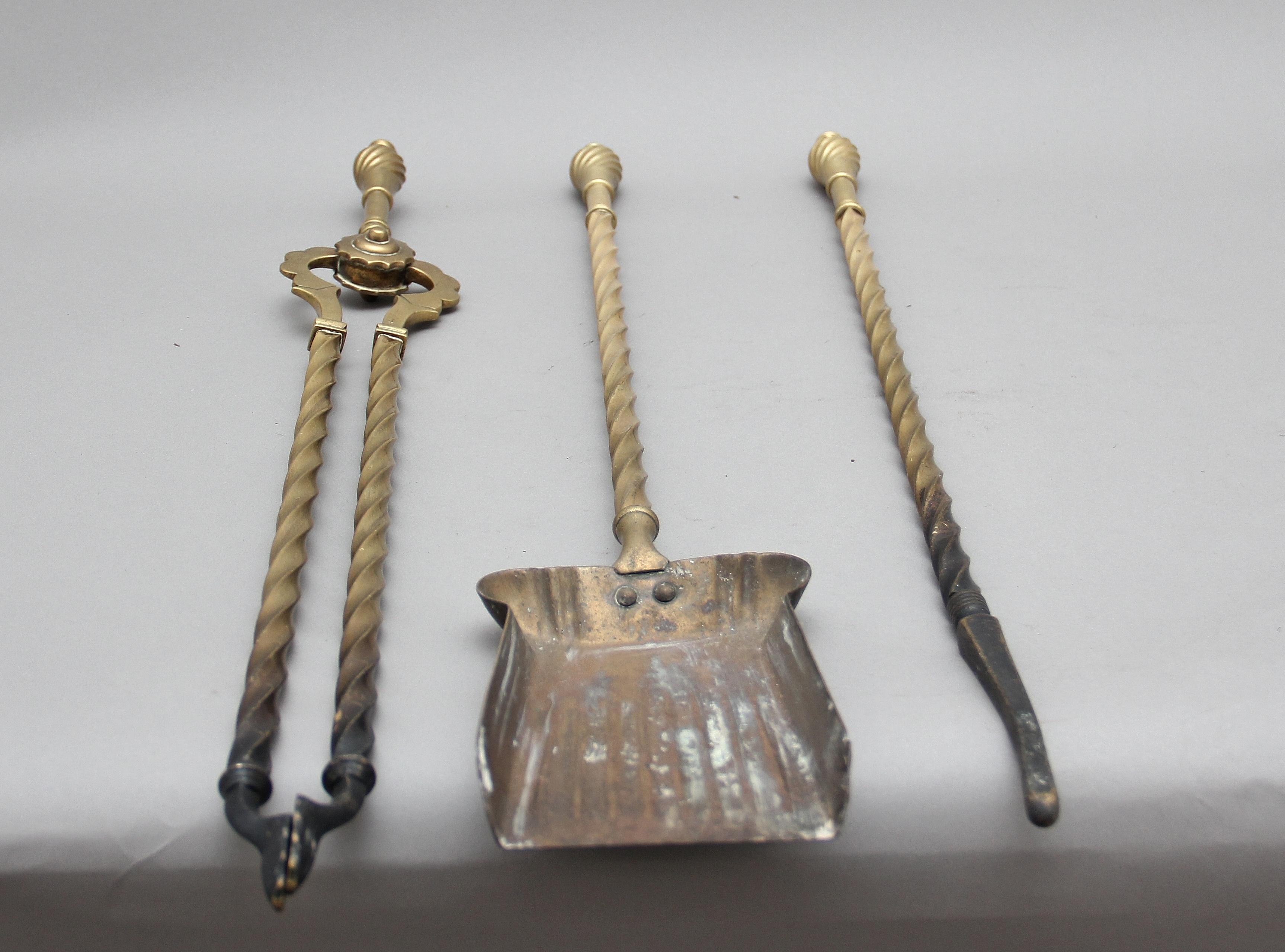 Victorian Set of 19th Century brass fire irons