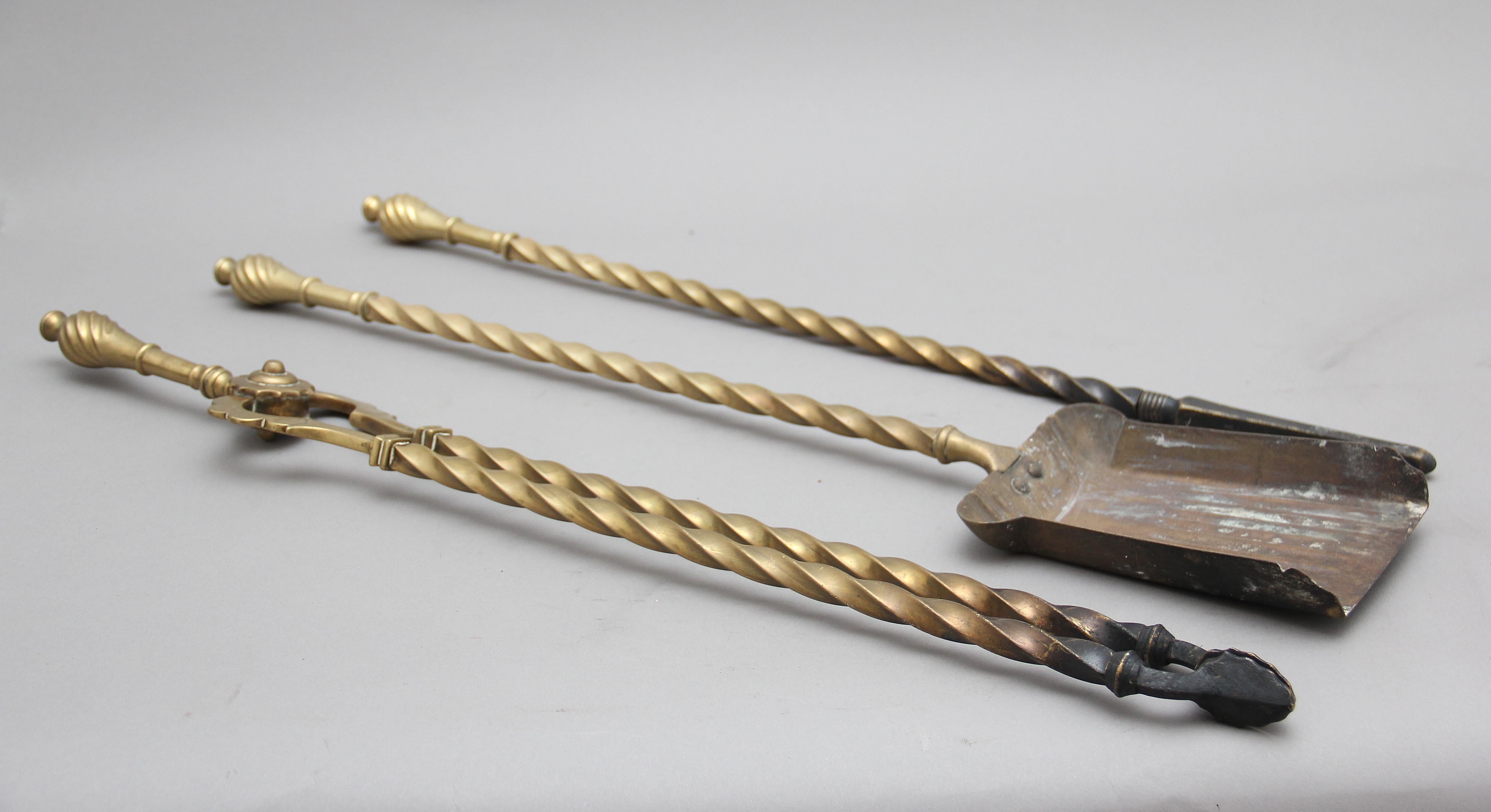 British Set of 19th Century brass fire irons