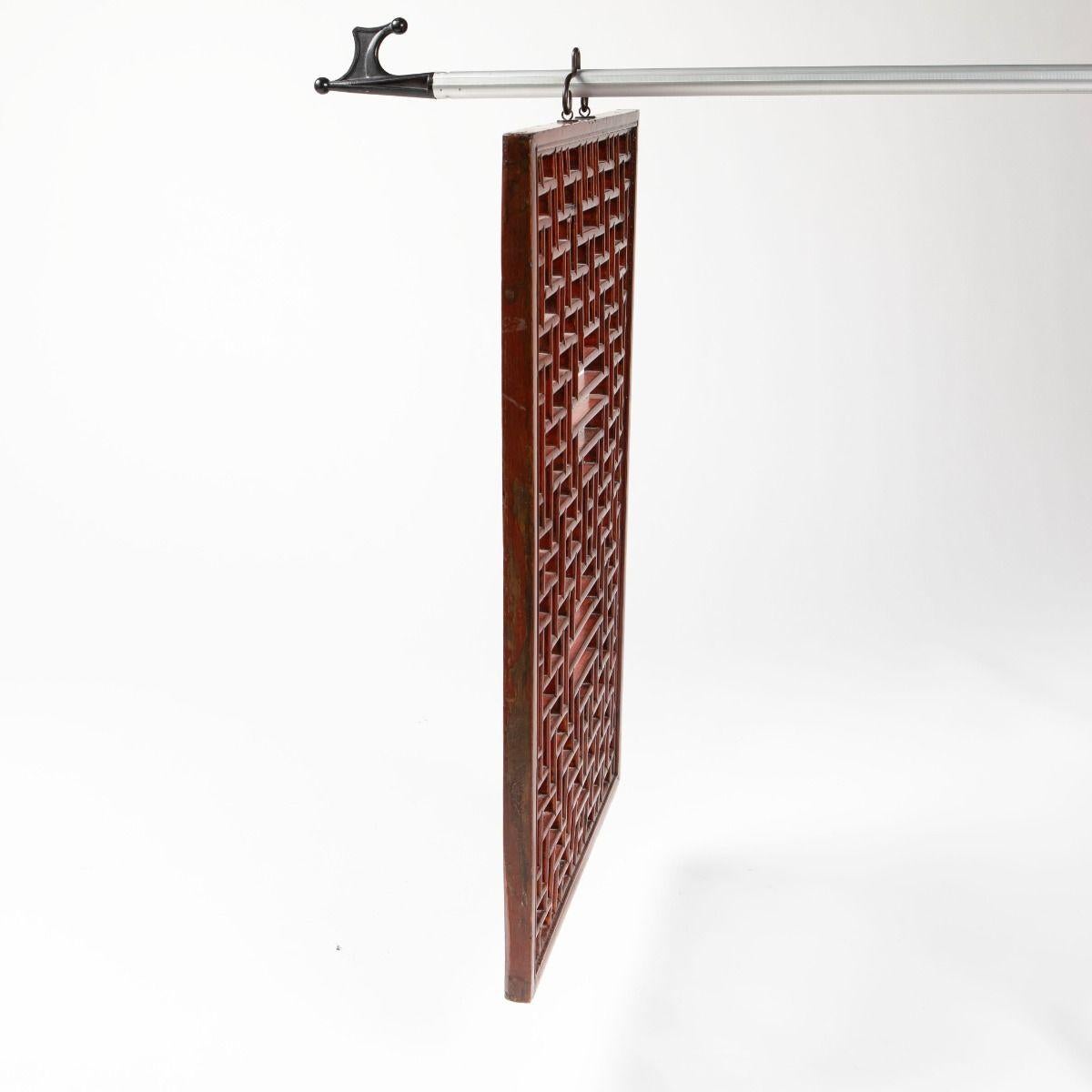 Qing Set of 19th Century Chinese Hand-Carved Geometric Lattice Panels in Red Lacquer