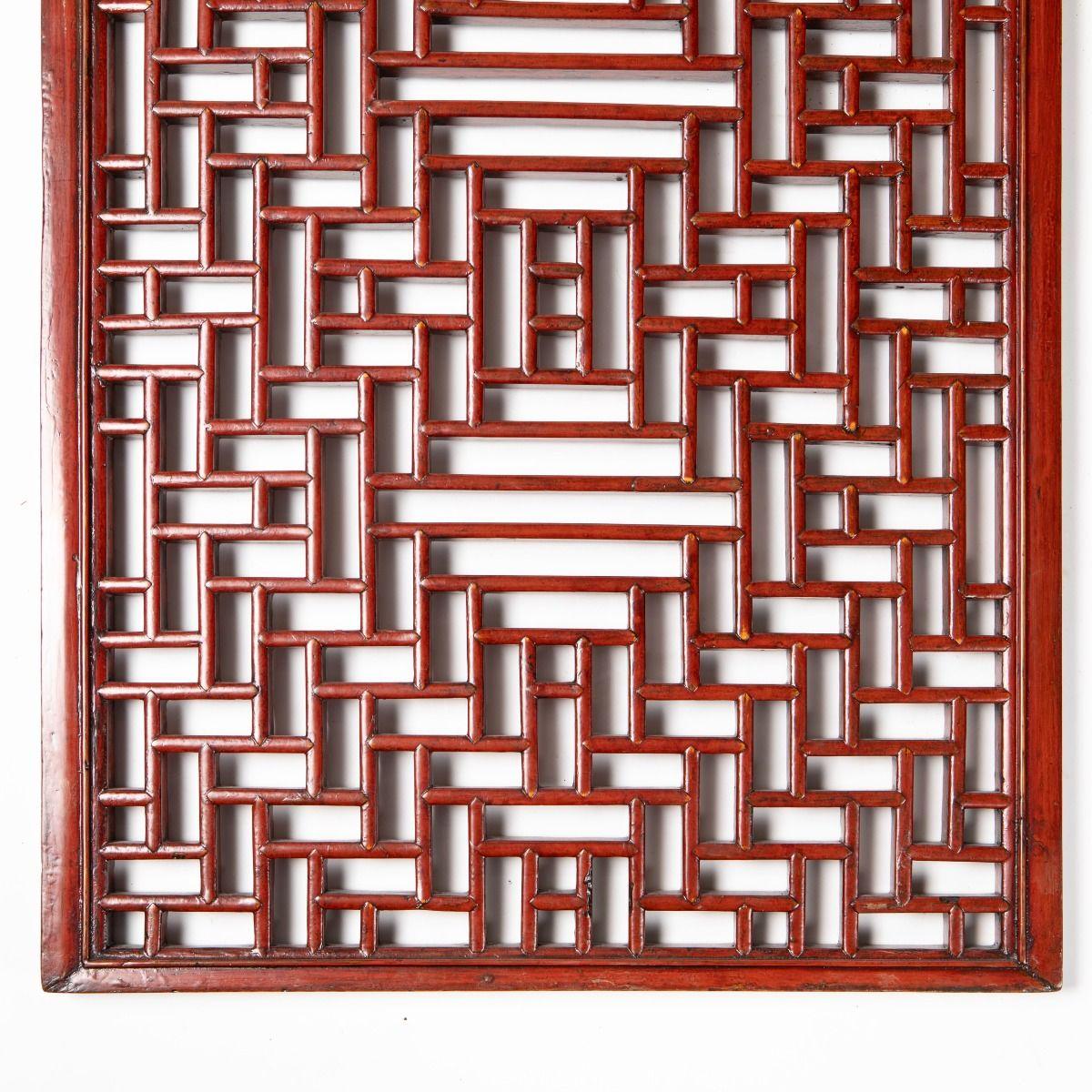Lacquered Set of 19th Century Chinese Hand-Carved Geometric Lattice Panels in Red Lacquer