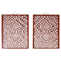 Set of 19th Century Chinese Hand-Carved Geometric Lattice Panels in Red Lacquer