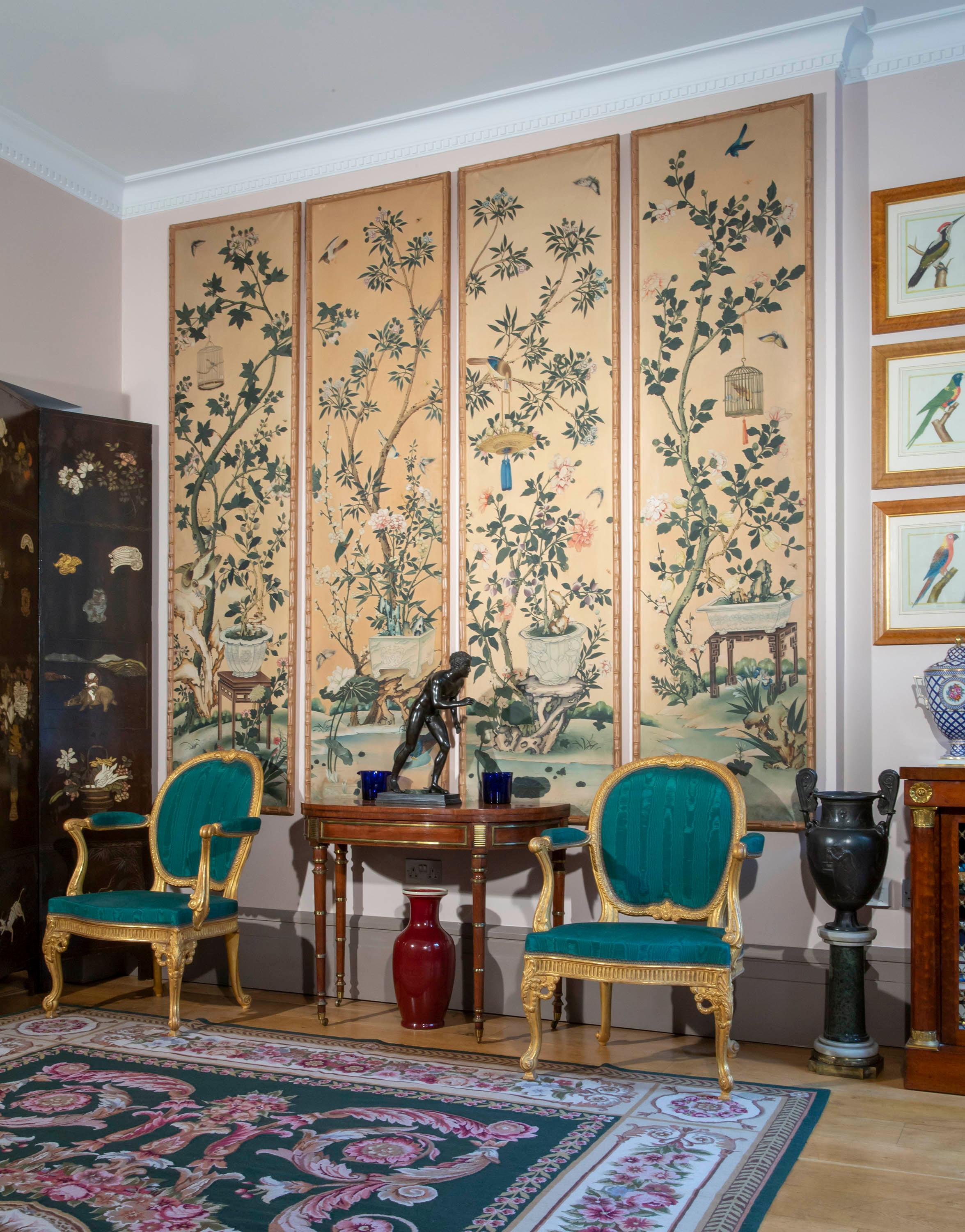 Set of 19th Century Chinoiserie Hand-Painted Wall Panels in Faux Bamboo Frames For Sale 6