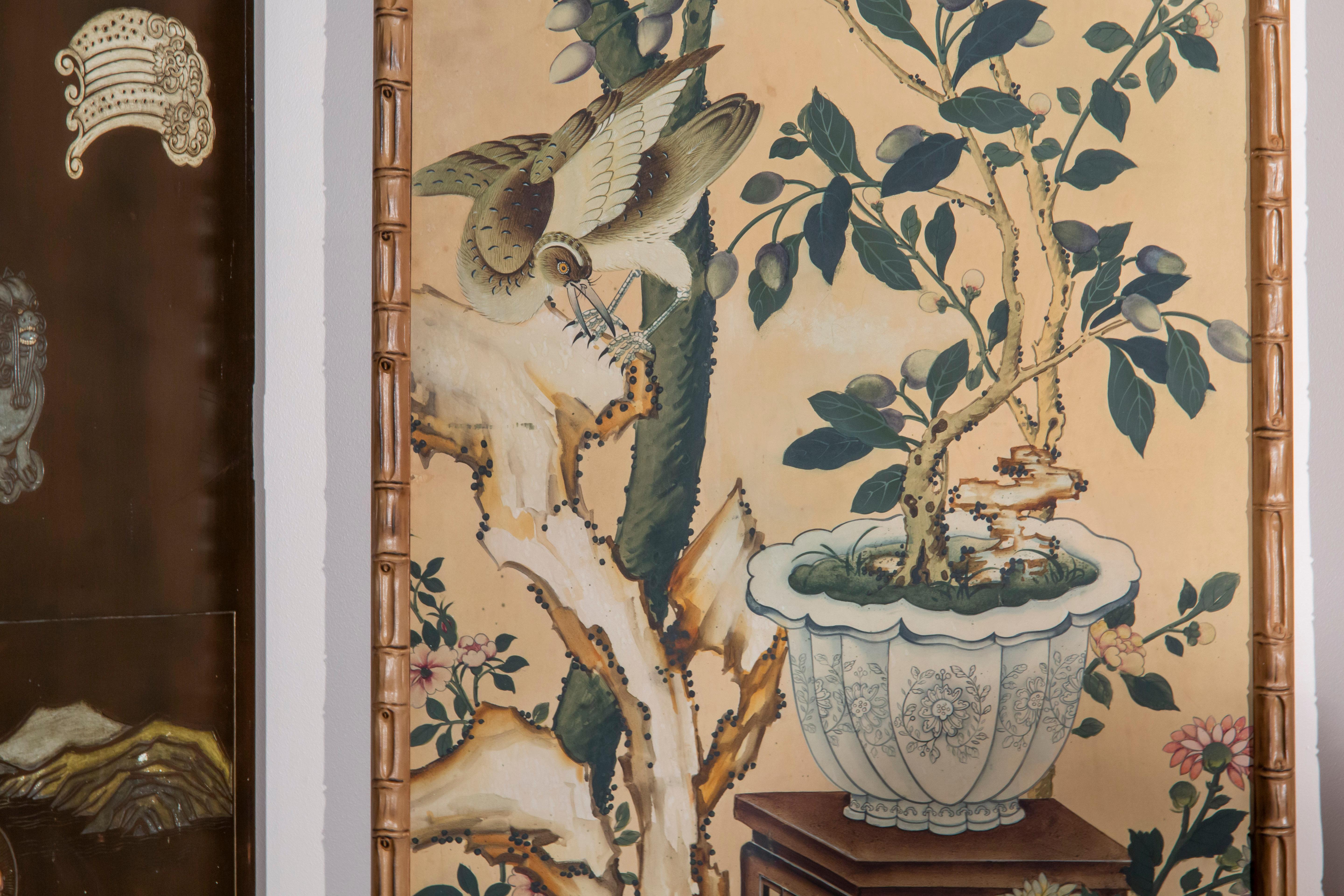 Set of 19th Century Chinoiserie Hand-Painted Wall Panels in Faux Bamboo Frames For Sale 9