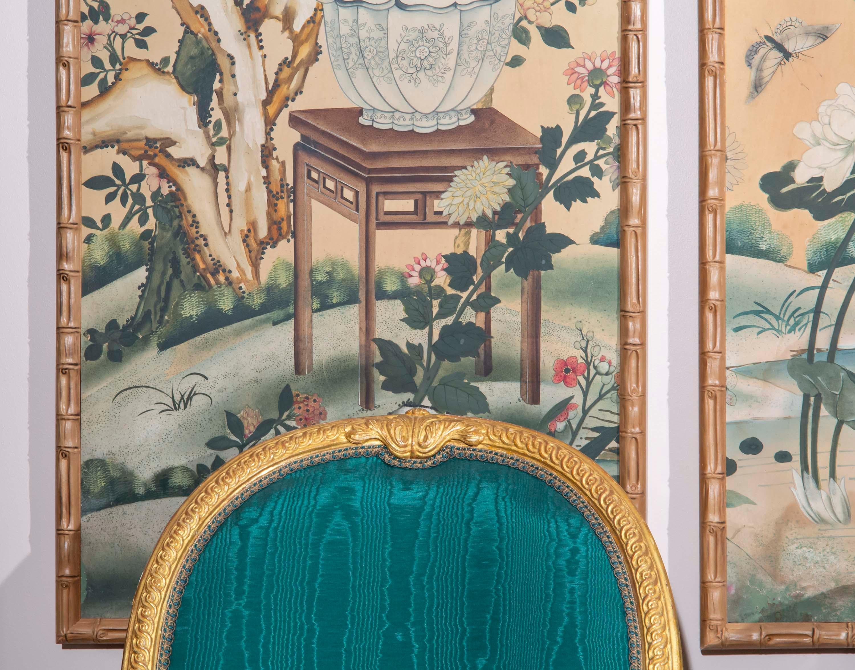 Paper Set of 19th Century Chinoiserie Hand-Painted Wall Panels in Faux Bamboo Frames For Sale