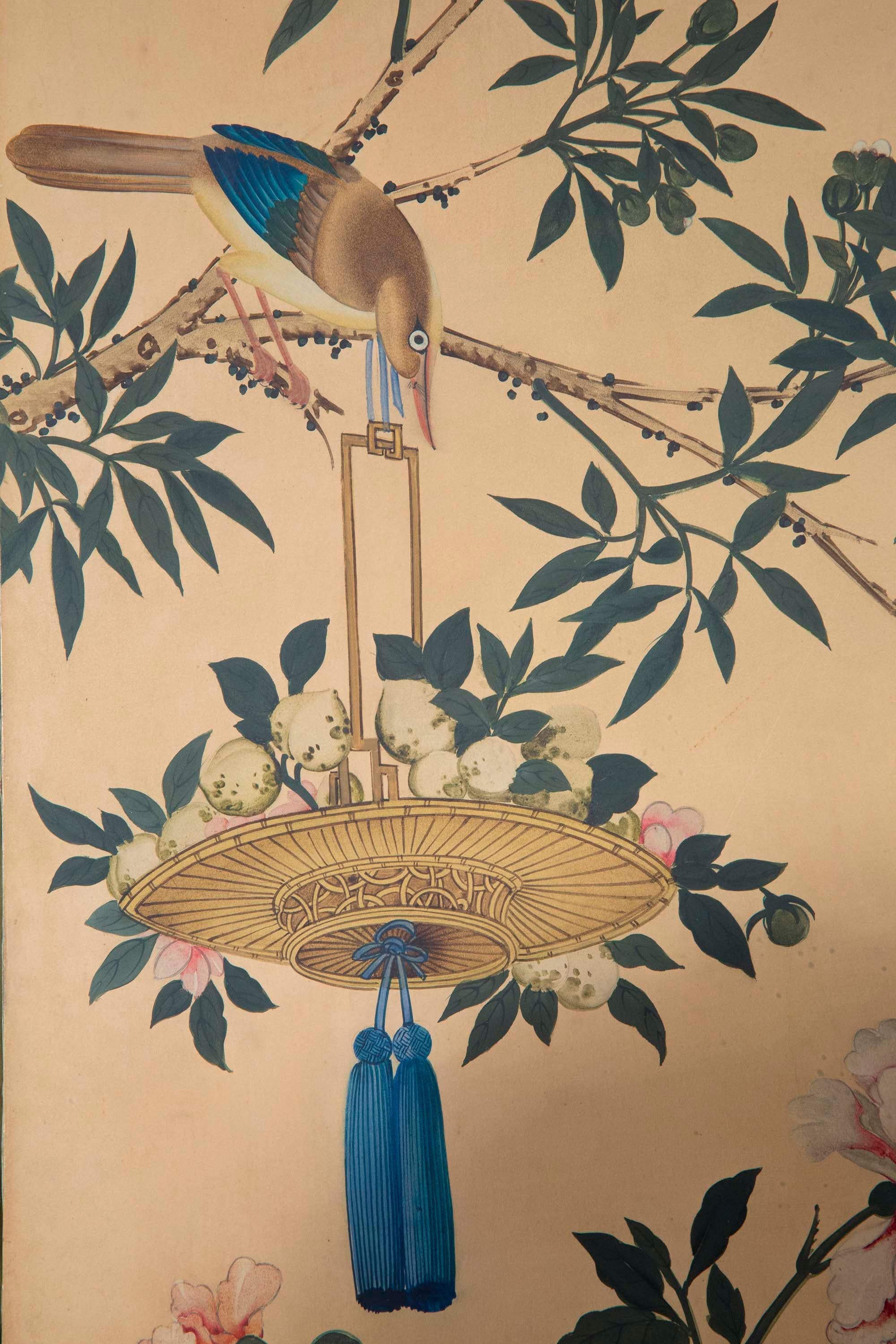 Set of 19th Century Chinoiserie Hand-Painted Wall Panels in Faux Bamboo Frames In Good Condition For Sale In London, GB