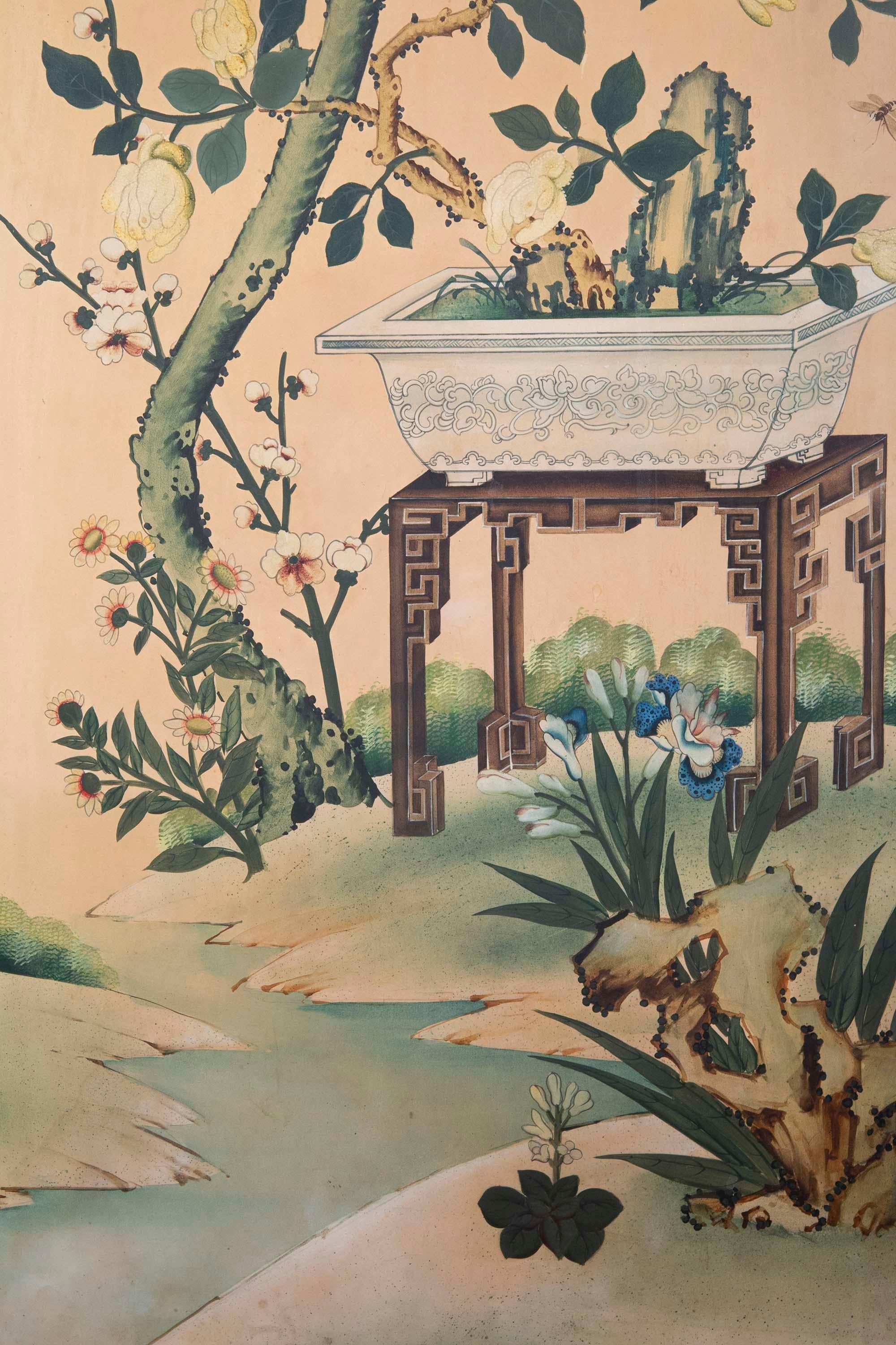 Set of 19th Century Chinoiserie Hand-Painted Wall Panels in Faux Bamboo Frames For Sale 12