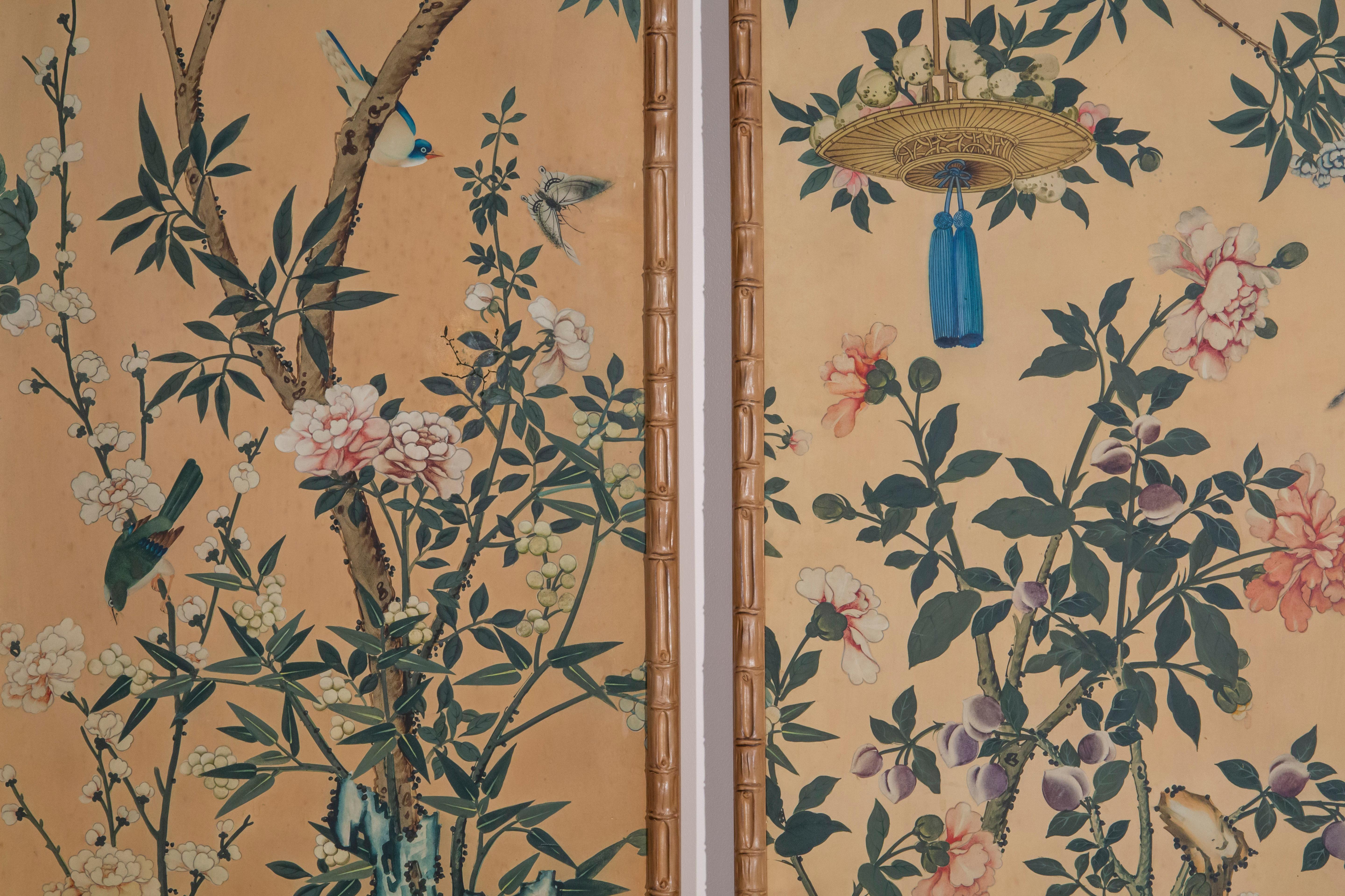 Set of 19th Century Chinoiserie Hand-Painted Wall Panels in Faux Bamboo Frames For Sale 4