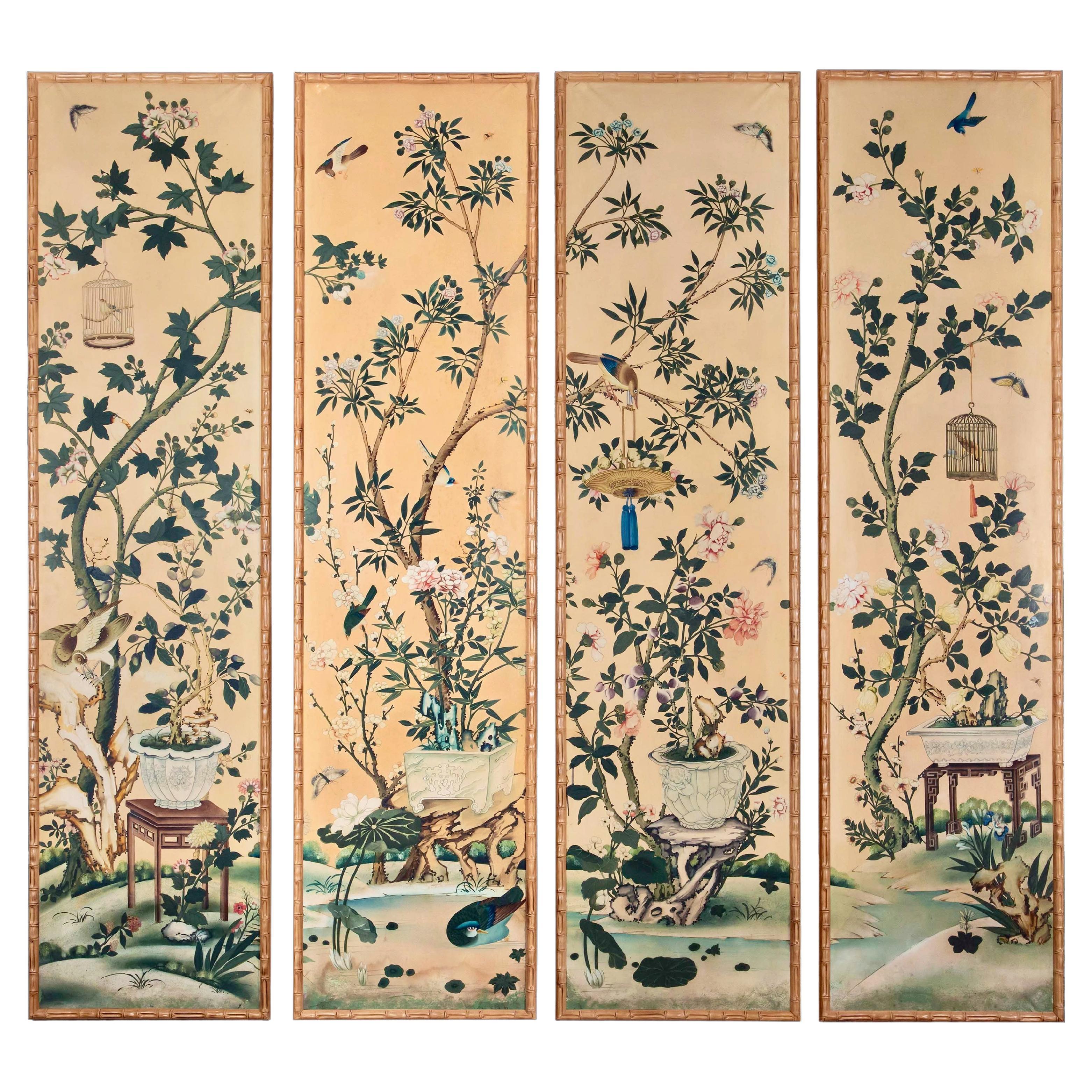 Set of 19th Century Chinoiserie Hand-Painted Wall Panels in Faux Bamboo Frames For Sale