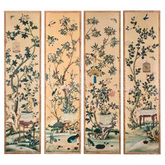 Set of 19th Century Chinoiserie Hand-Painted Wall Panels in Faux Bamboo Frames