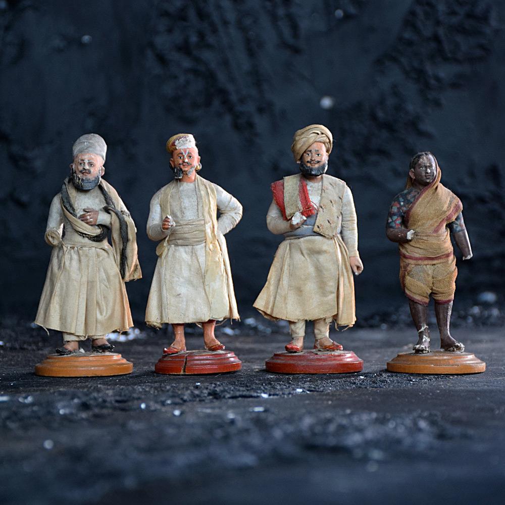 Set of 19th century clay Indian figures 
We are proud to offer a wonderful set of four 19th Century clay figures. The modelling of the faces of these Indian figures is excellent, and they accurately represent Indian dress of the mid-1800s. They