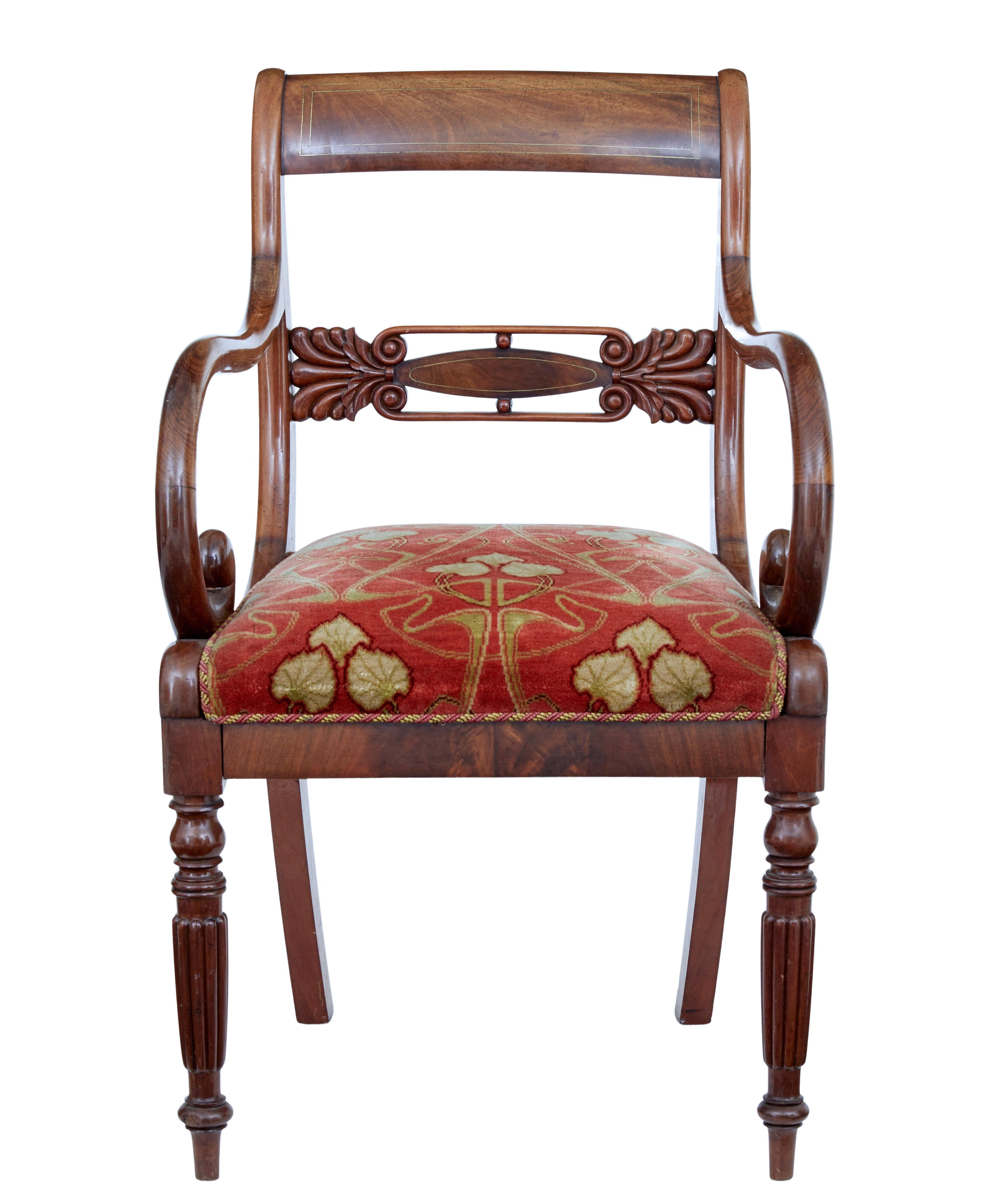 Fine quality set of 4 Danish armchairs, circa 1860.

Rare set of Danish armchairs in the English Regency taste. Fine brass stringing to the backrest complements the bold scrolling arms. Pierced carved detail support to the lower backrest.

Later