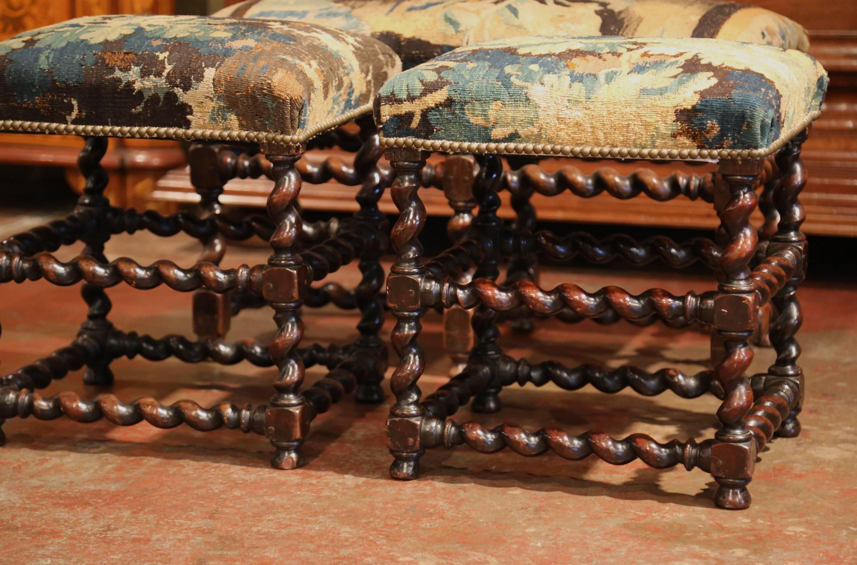 Louis XIII Set of 19th Century French Carved Walnut Stools and Bench with Aubusson Tapestry