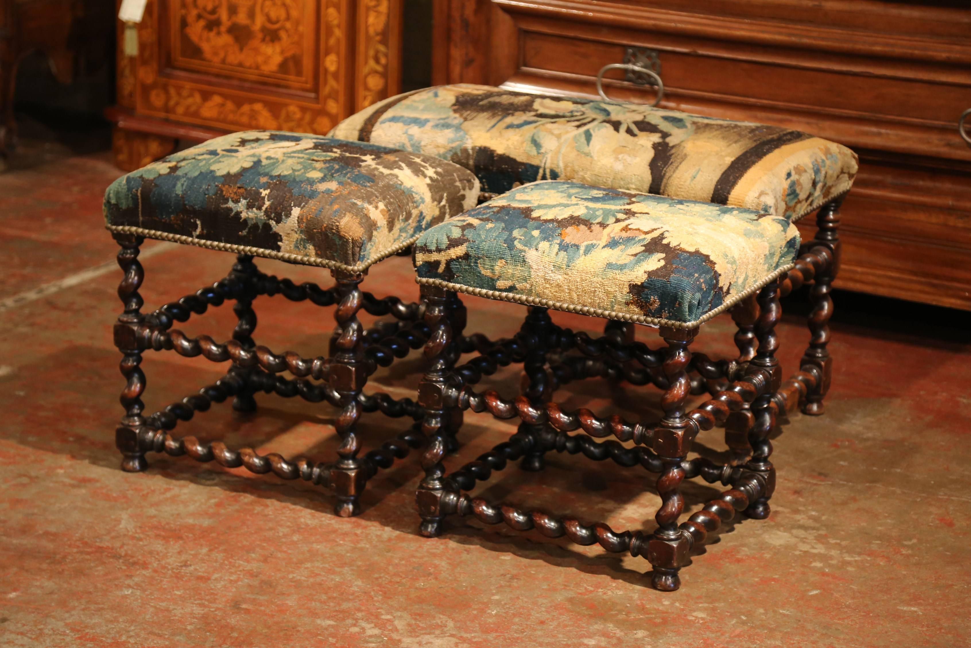 Patinated Set of 19th Century French Carved Walnut Stools and Bench with Aubusson Tapestry