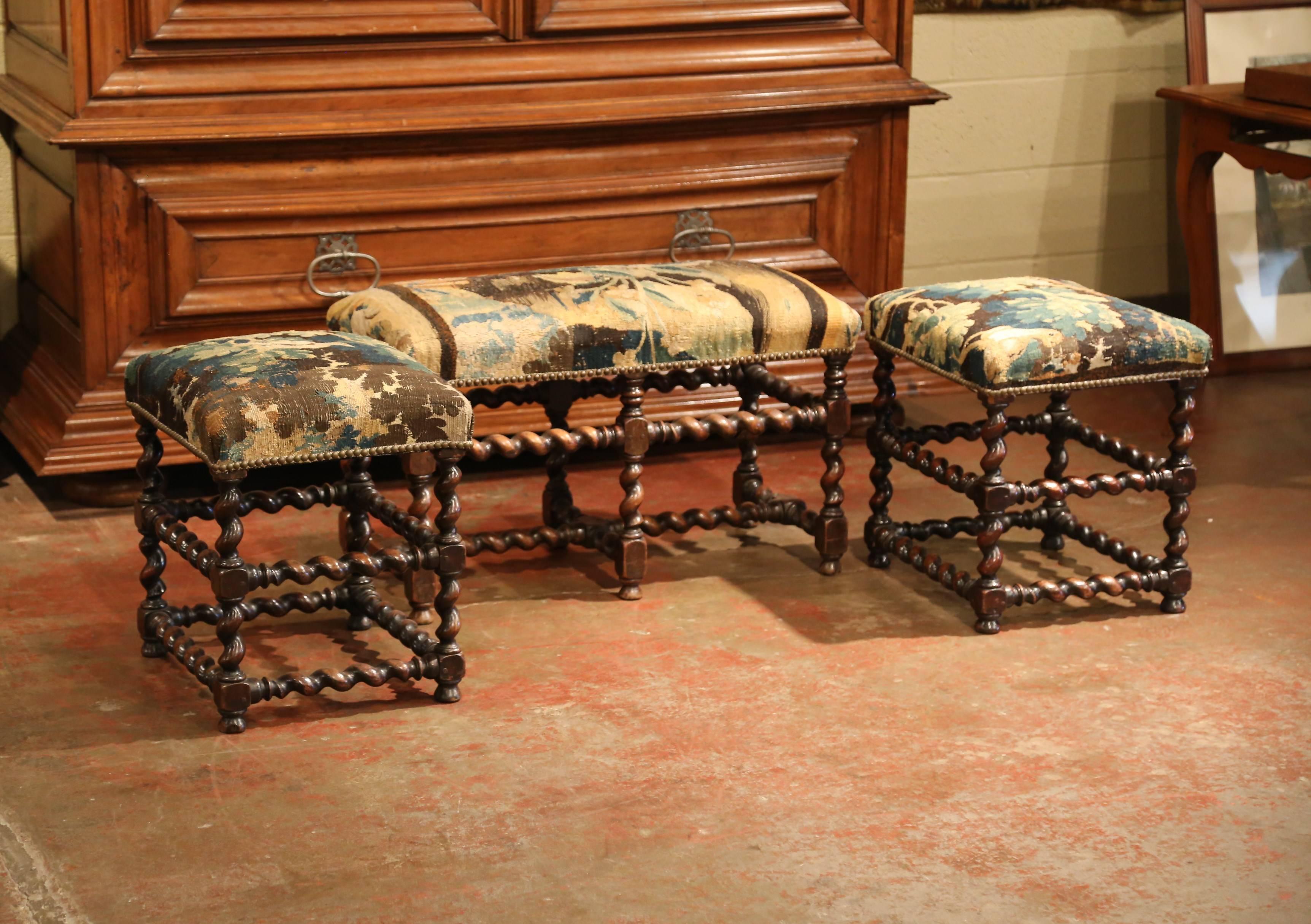 Set of 19th Century French Carved Walnut Stools and Bench with Aubusson Tapestry 1
