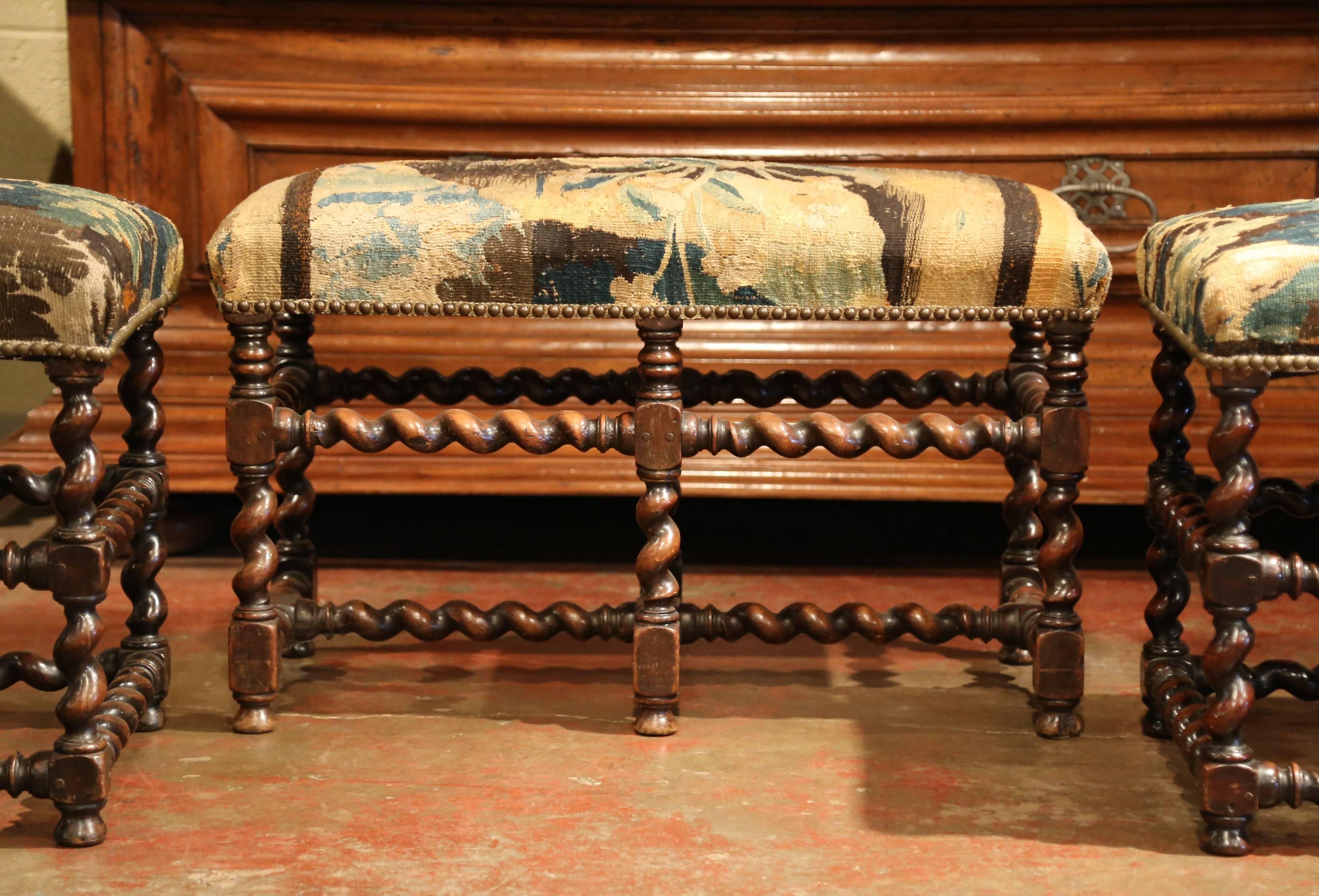 Set of 19th Century French Carved Walnut Stools and Bench with Aubusson Tapestry 2