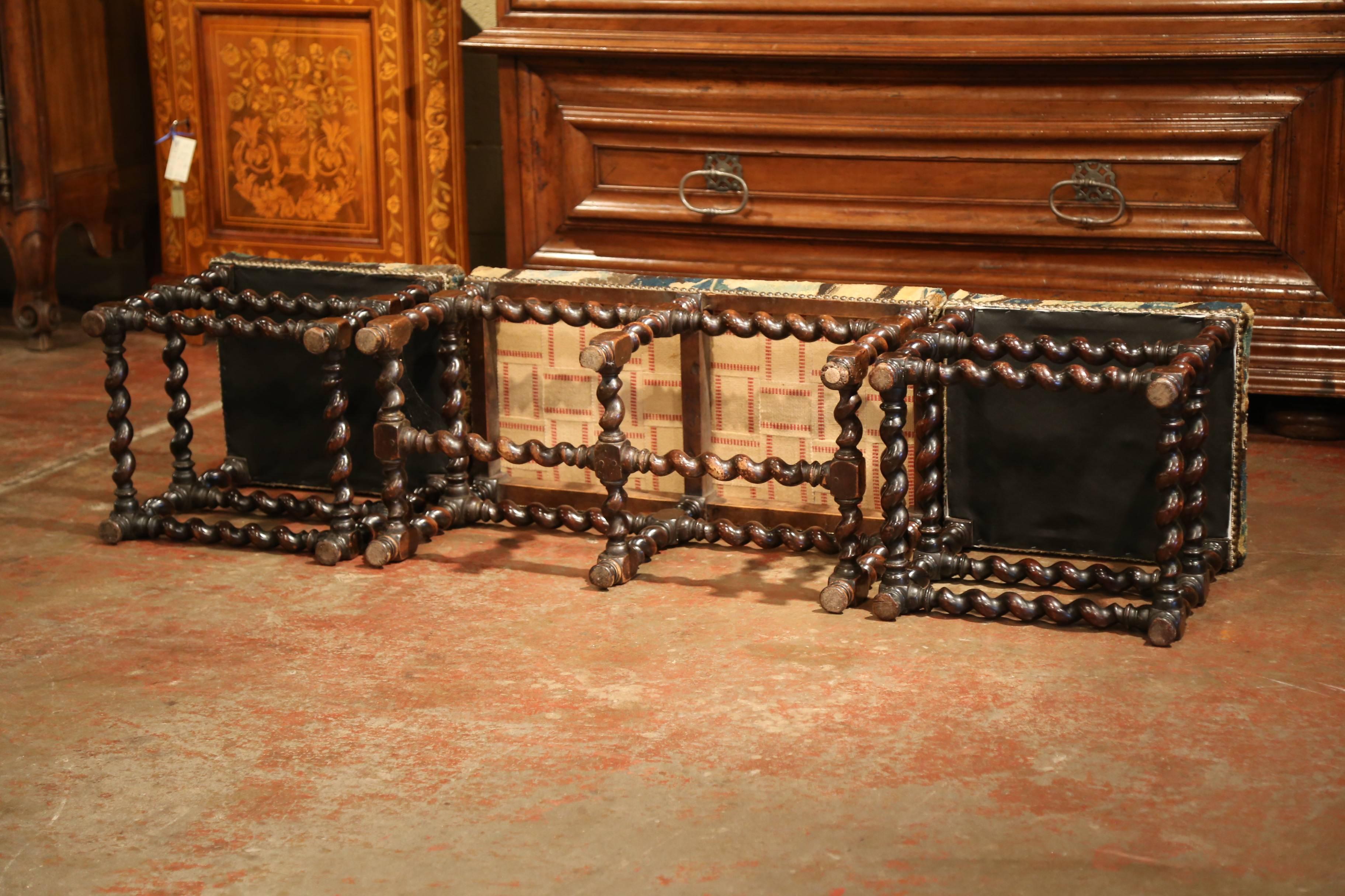 Set of 19th Century French Carved Walnut Stools and Bench with Aubusson Tapestry 3