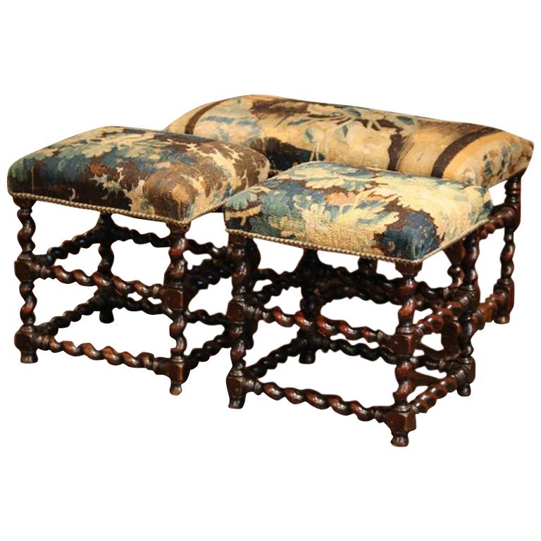 Set of 19th Century French Carved Walnut Stools and Bench with Aubusson Tapestry