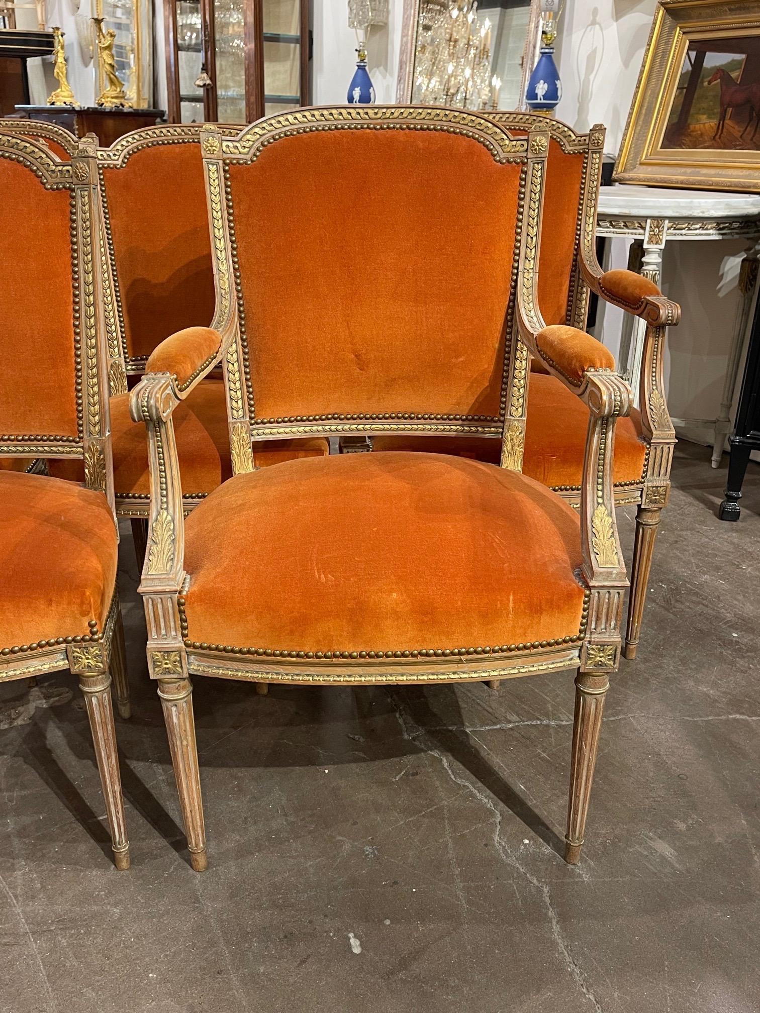 Set of 19th Century French Louis XVI Style Carved and Gilded Dining Chairs In Good Condition In Dallas, TX