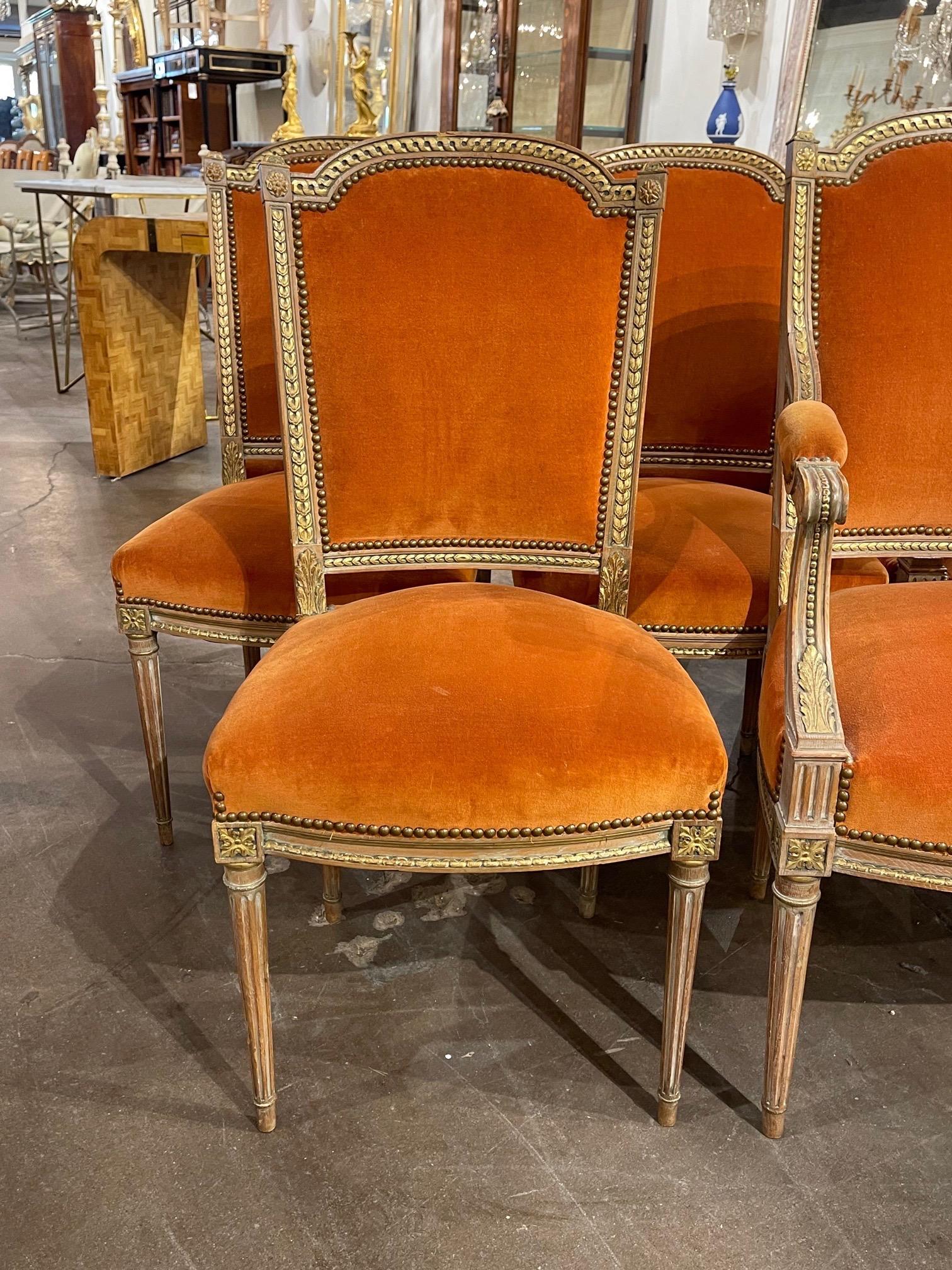 Upholstery Set of 19th Century French Louis XVI Style Carved and Gilded Dining Chairs