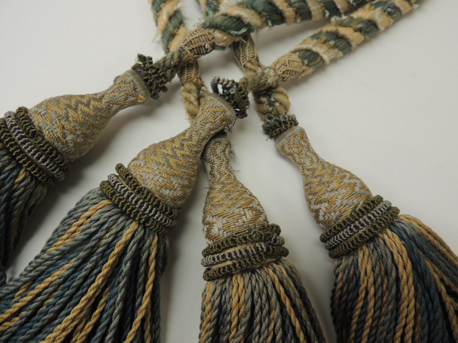 Directoire Set of 19th Century Green and Gold French Tassels with Rope Tie Back