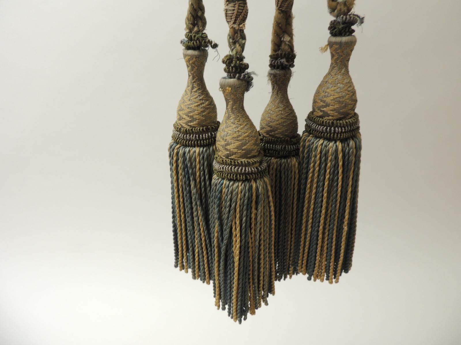 Hand-Crafted Set of 19th Century Green and Gold French Tassels with Rope Tie Back