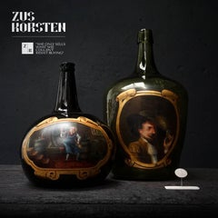Set of 19th Century Green Glass Hand-Painted Liquor Bottles or Demijohns