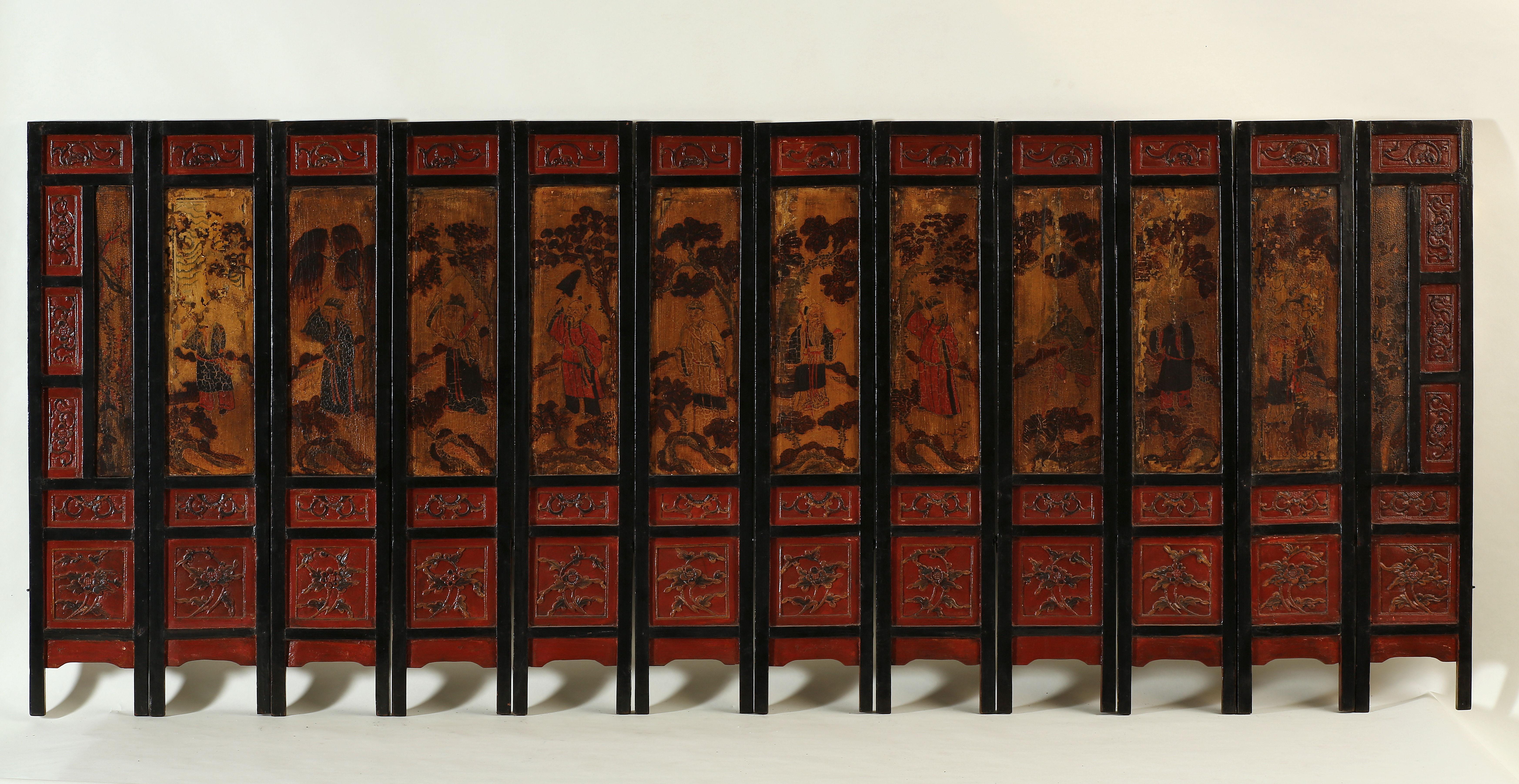 Set of 19th Century Hand-Painted Table/Wall Screen with 12 Panels, Double Sided For Sale 8