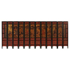 Antique Set of 19th Century Hand-Painted Table/Wall Screen with 12 Panels, Double Sided